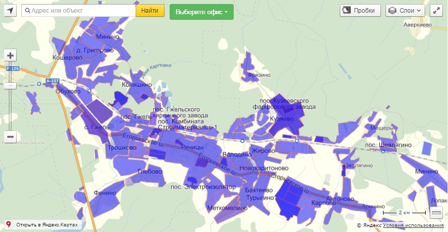 Карта покрытия компании "Интронекс"